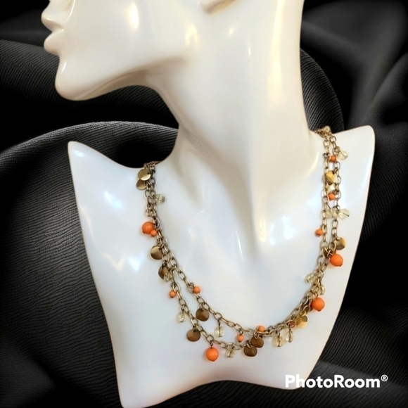Premier Designs Jewelry - PREMIER DESIGNS Orange Gold Dangle Beaded Fringe Chain Necklace